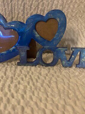 NEW Handmade Wood & Resin Blue Double Heart Love Picture Frame
